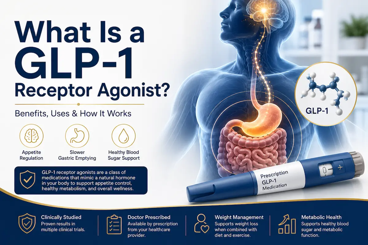 Medical illustration explaining what a GLP-1 receptor agonist is