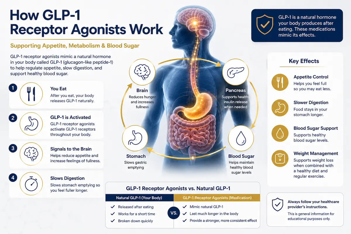 Diagram showing how GLP-1 receptor agonists affect the brain, stomach, pancreas and blood sugar